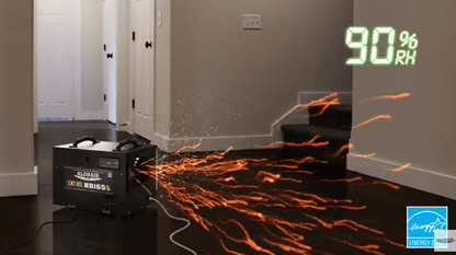 Humidifier emitting on a floor with a digital humidity display showing 90% RH.