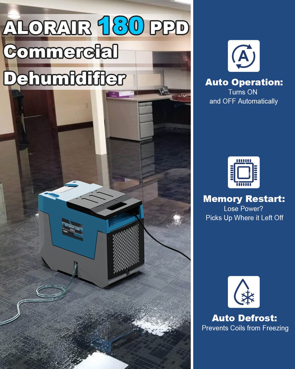 ALORAIR 180 PPD Commercial Dehumidifier in a room with visible water damage.