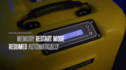 Digital display on a yellow storm lgr extreme dehumidifier with text about memory and restart mode.