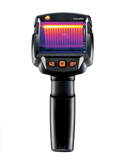  testo 865s Thermal imaging camera with a display showing thermal images on a white background