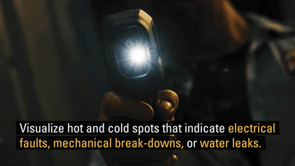Hand holding aflir tg165 x with text about detecting electrical faults and leaks.