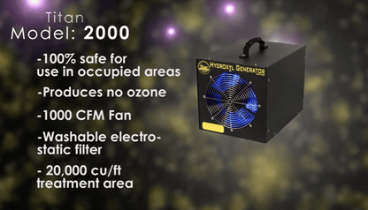 2000 Titan Hydroxyl generator with features listed on a dark background