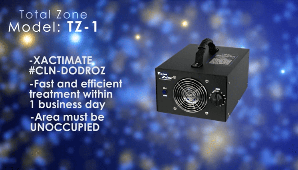 Black device labeled 'Total Zone Model: TZ-1' on a blue background with text about XACTIMATE
