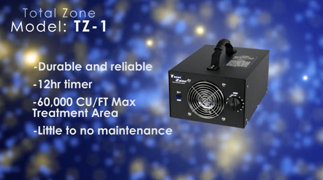 Blacktotal zone tz 1 ozone generator device with features listed on a blue background