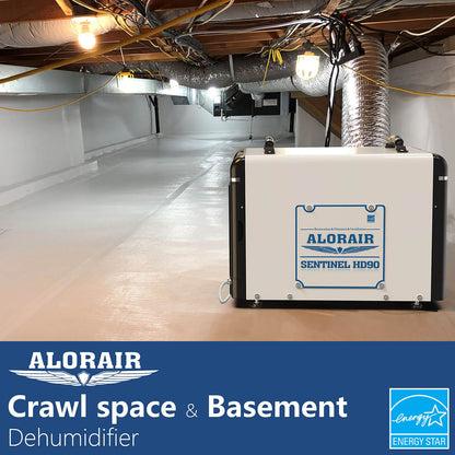 AlorAir sentinel hd90 crawl space and basement dehumidifier in a basement setting with visible branding.