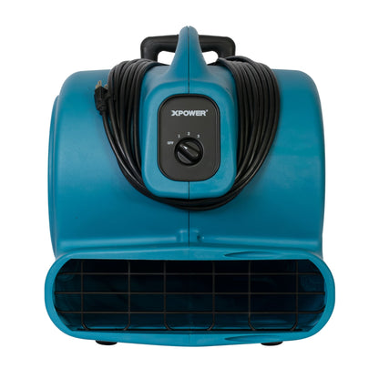 Blue air mover x-830h with XPOWER branding with wire on a white background