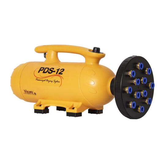 A yellow VIKING PDS-12 pressurized wall cavity dryer with black quick release nozzles and a carrying handle.