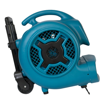 Blue blower x-830h xpower side with wheels on a white background